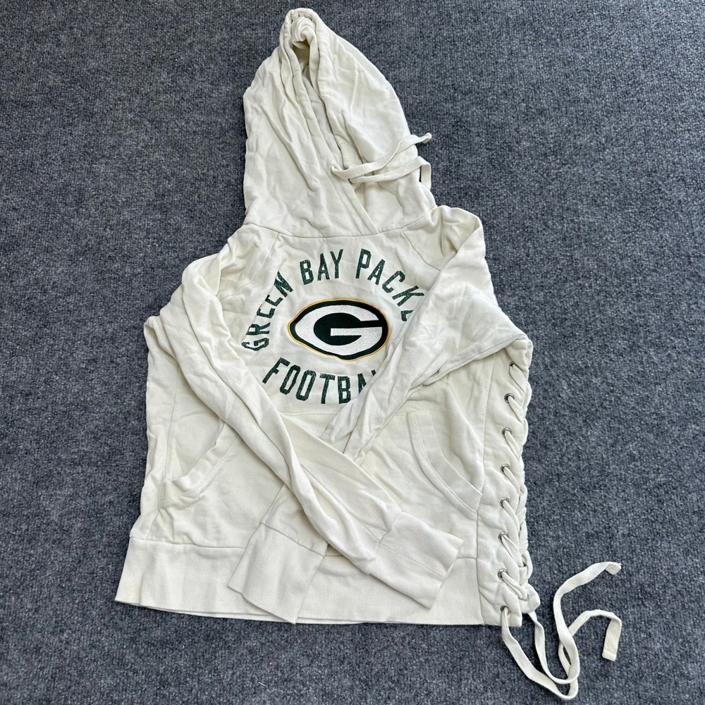 Touch Hoodie Womens Size M Cream Green Bay Packers Lace Up Side Graphic Hooded